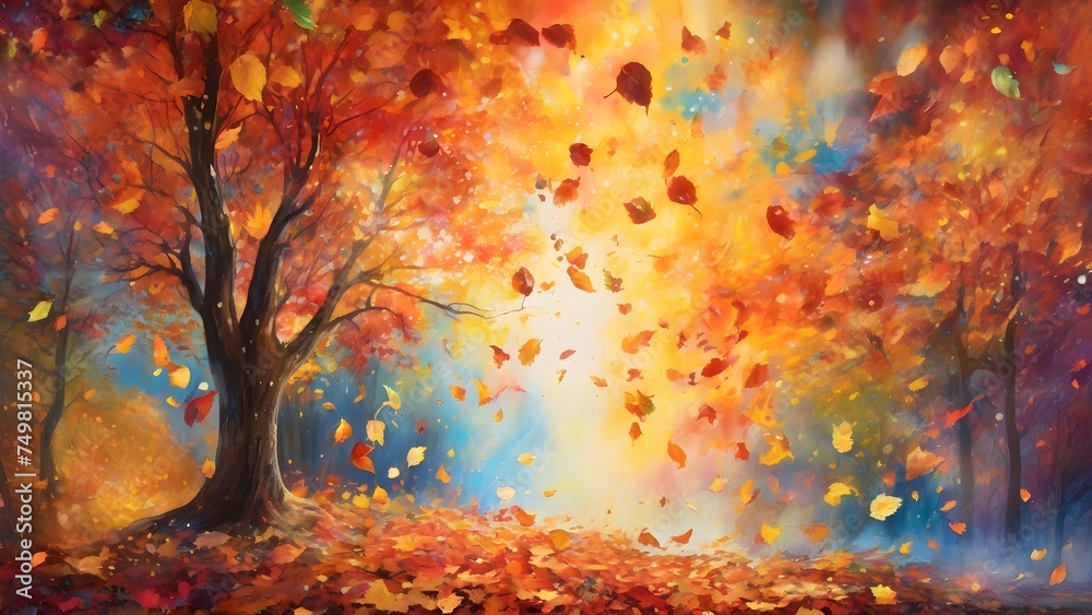 autumn leave fall in tree forest_acrylic painting ai art