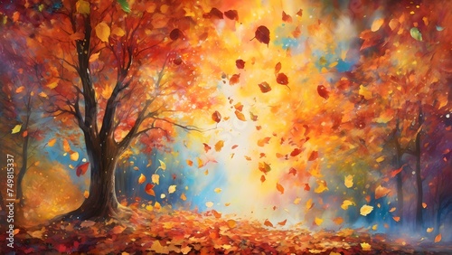 autumn leave fall in tree forest_acrylic painting ai art