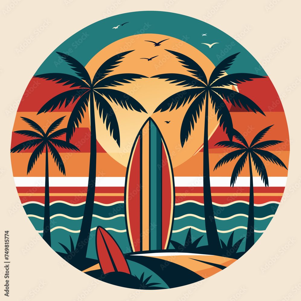 Create a retro-inspired design featuring vintage surfboards and palm trees
