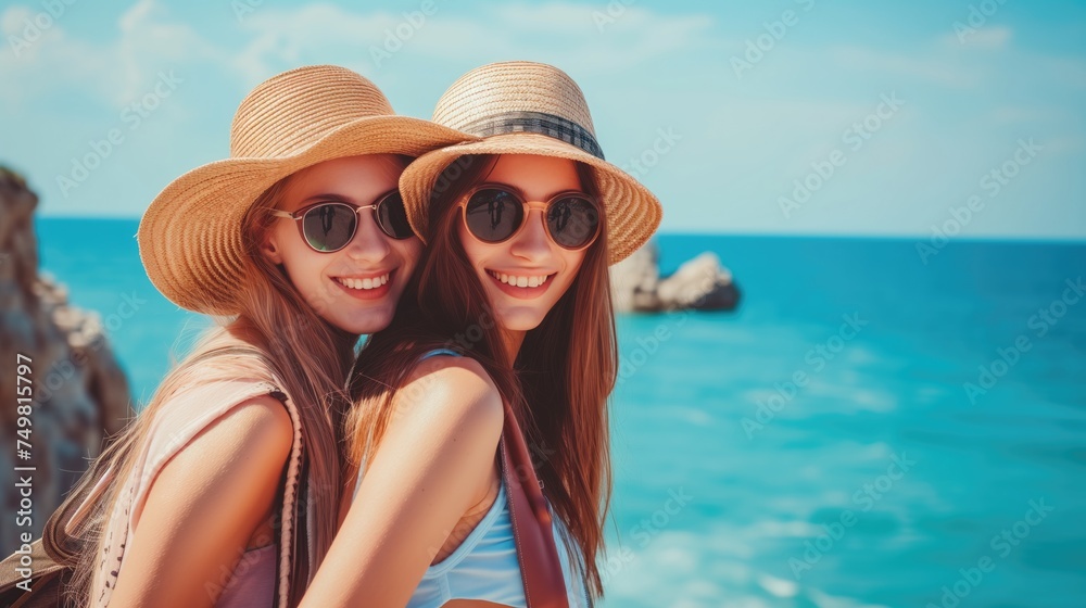 Happy women in sunglasses and hats by the beach, enjoying the water and smiling Happy women in sunglasses and hats by the beach, enjoying the water and smiling