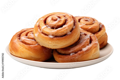 Plate of Cinnamon Rolls With Icing. A plate is filled with freshly baked cinnamon rolls each one generously coated in sweet icing. The rolls are soft and fluffy with swirls of cinnamon visible within.