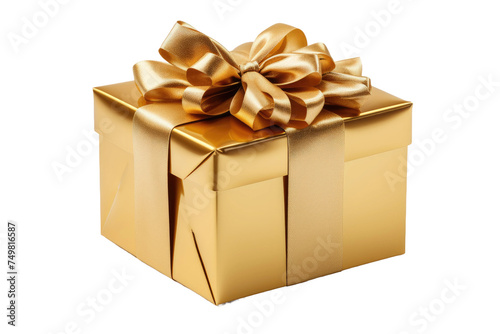 Elegant Gold Gift Box With Bow. A gold gift box with a decorative bow sits elegantly on a table. The shiny surface reflects light, creating a luxurious appearance.