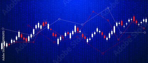 white and red candlesticks on bullish market with line indicator in blue background