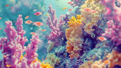 Vibrant underwater dreamscape, colorful coral reef teeming with tiny fish, fantasy sea scene evoking wonder, digital artwork for creative use. AI