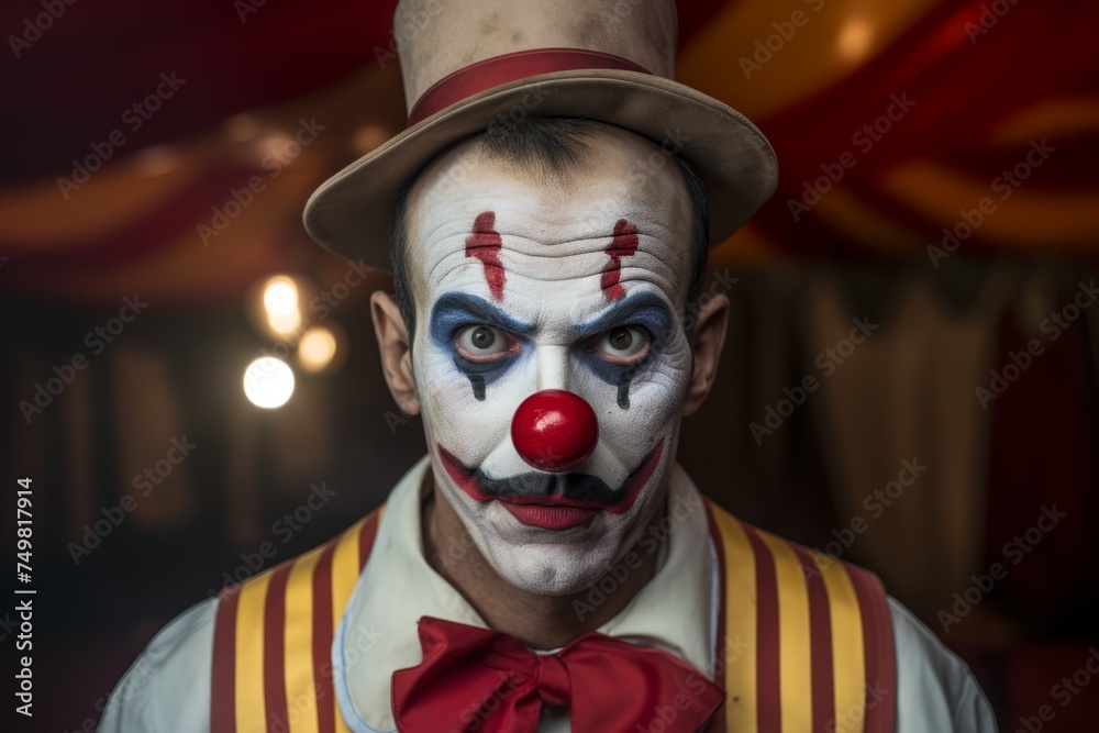 Scary creepy smiling clown circus jester joker villain carnival murderer horror halloween adult man evil expression make-up bizarre dark actor spooky monster face sinister staring frightening close-up