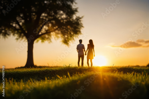 A couple enjoying a happy moment in front of the sunset