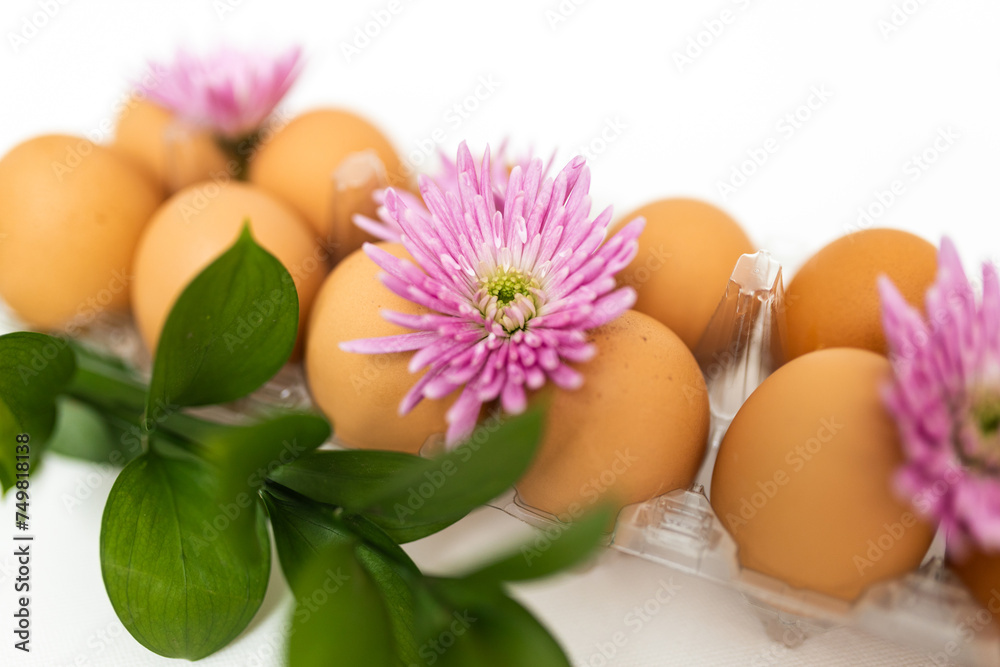 Large brown organic eggs with a green bunch and pink flowers. Food on a clear white background. Mockups. Layout. Large brown organic eggs with a green bunch and pink flowers. Food on a clear white background. Mockups. Layout.