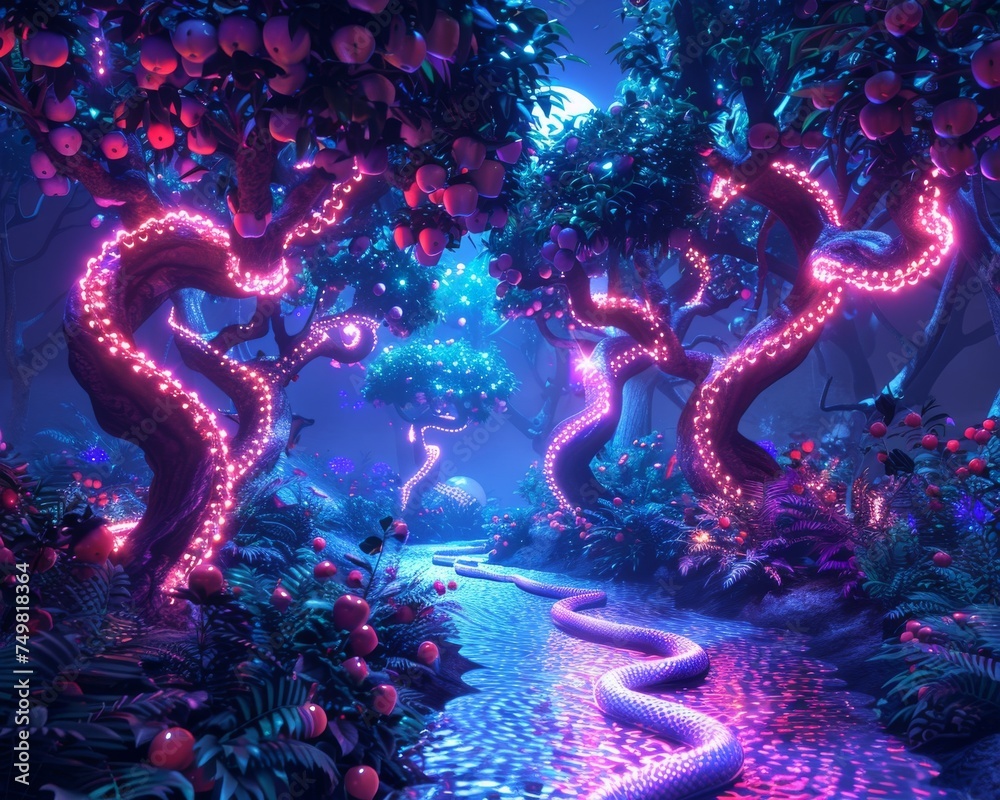 Cyber-Eden garden, digital apple trees, neon snakes, virtual paradise lost Cyber-Eden garden, digital apple trees, neon snakes, virtual paradise lost