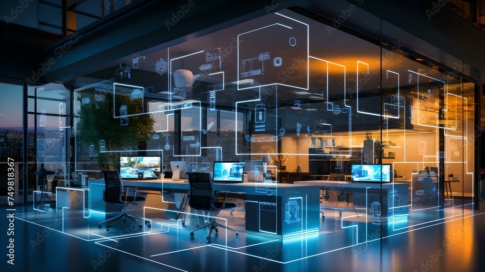 Futuristic office space with high-tech digital interfaces. smart technology in workplace concept. modern office design. AI
