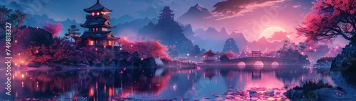 Cyber samurai castle, neon dragons, digital moats, holographic cherry trees photo