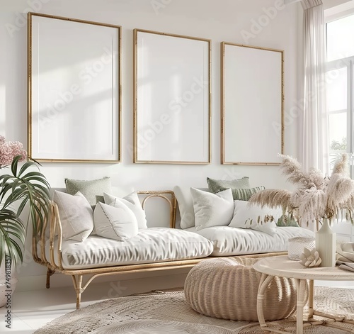 Mockup Frame in a Light Pastel Room with a Scandi-Boho Vibe. Presented in 3D Render. Made with Generative AI Technology