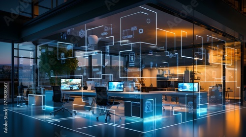 Obraz na płótnie Futuristic office space with high-tech digital interfaces. smart technology in workplace concept. modern office design. AI w salonie