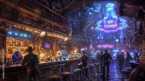 Cybernetic old west town, digital duels, robotic bartenders, neon wanted posters photo