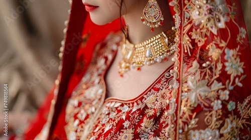 Close-up of an Indian bride adorned in elaborate traditional jewelry and embroidered red lehenga. Embroidered wedding dress, showcasing traditional artistry, rich in culture