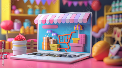 A creative 3D illustration portrays the concept of online shopping with a whimsical cart emerging from a laptop screen.