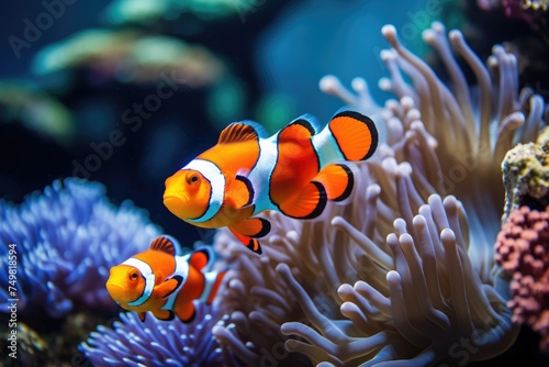 A school of clownfish of vibrant orange-and-white clownfish in a colorful coral reef. cowfishes among coral reefs, Ai generated