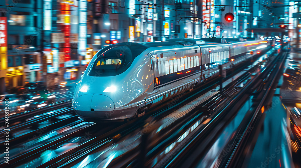 Fototapeta premium High-speed trains pass through communities in major cities as dusk approaches.