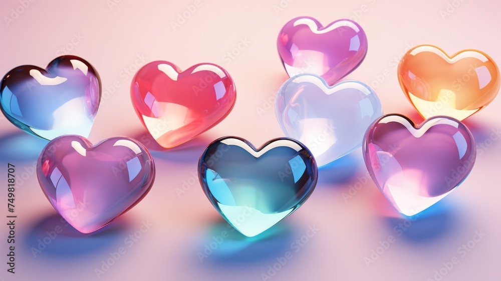 Colorful shiny hearts of glass on a pink background, Assorted transparent hearts made of glass, valentines Day or mother's Day concept background template