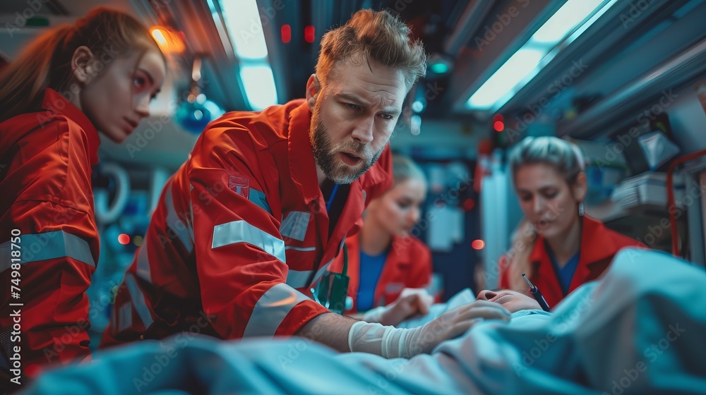 Emergency medical technicians (EMTs) are intently providing life-saving procedures to a patient in the back of an ambulance. Emergency medical technicians (EMTs) are intently providing life-saving procedures to a patient in the back of an ambulance.