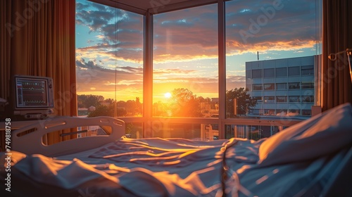 The warm glow of sunset fills a hospital room, highlighting the patient's bed and vital signs monitor.