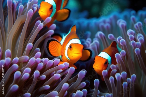 A school of clownfish of vibrant orange-and-white clownfish in a colorful coral reef. cowfishes among coral reefs, Ai generated © Tanu