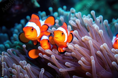 A school of clownfish in a colorful coral reef. cute anemone fish playing on the coral reef, just like in Finding Nemo Ai generated © Tanu