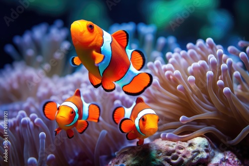 A school of clownfish in a colorful coral reef. cute anemone fish playing on the coral reef, just like in Finding Nemo Ai generated © Tanu
