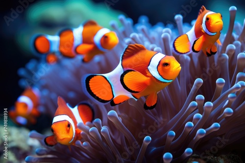 A school of clownfish in a colorful coral reef. cute anemone fish playing on the coral reef, just like in Finding Nemo Ai generated
