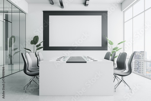 Modern glass meeting room interior with empty white mock up banner and panoramic window and city view. 3D Rendering.