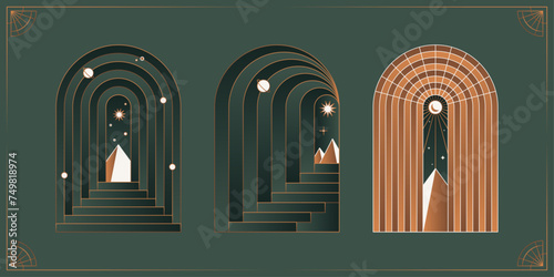 Boho frame arch vector illustration modern minimalistic retro aesthetic linear arc portal logo bohemian design element mystical geometric abstract border