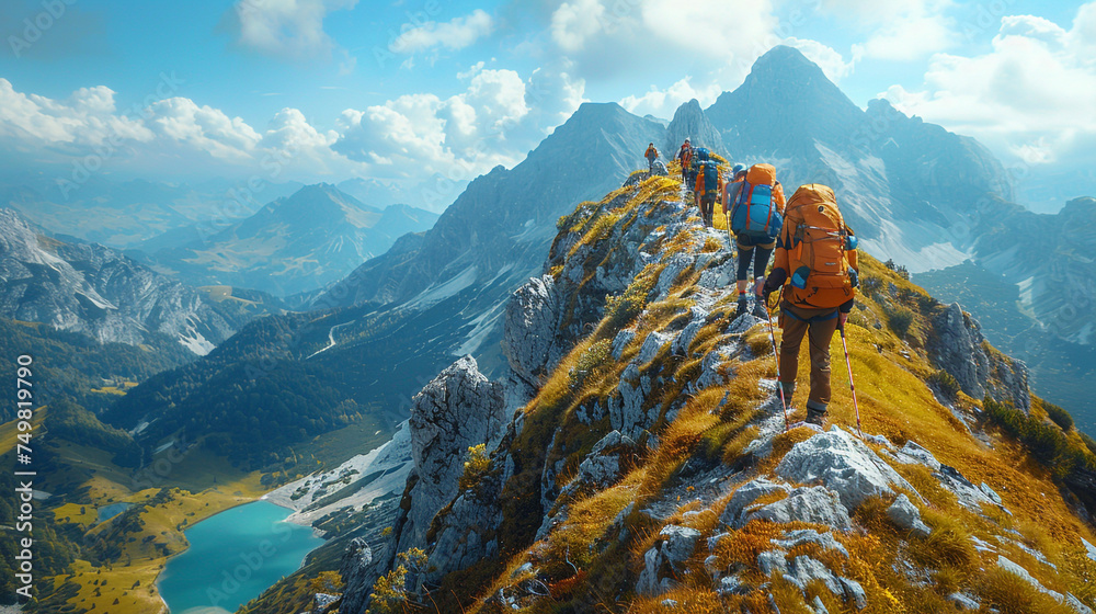 A group of hikers climbing a steep mountain that is rocky and has shrubs. They follow the trail that has been made available. - obrazy, fototapety, plakaty 