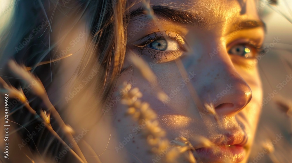 Close-up portrait of young woman surrounded by nature at golden hour, with sunlight filtering through grass. Beauty and tranquility in natural environment.
