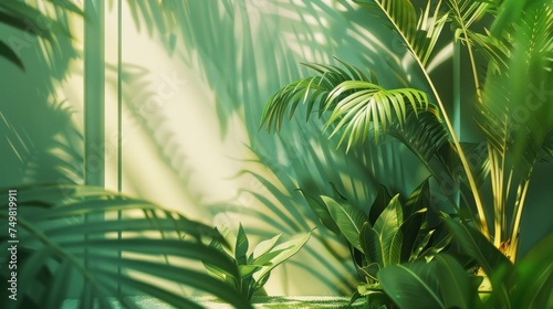 Tropical green foliage with sun beams penetrating through leaves creating soft shadow play on surface. Exotic plants in greenhouse environment. Nature and indoor gardening.
