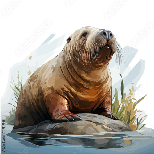 Watercolor Painting of a walrus, isolated on a white background, Vector Illustration & Drawing clipart, Graphic.