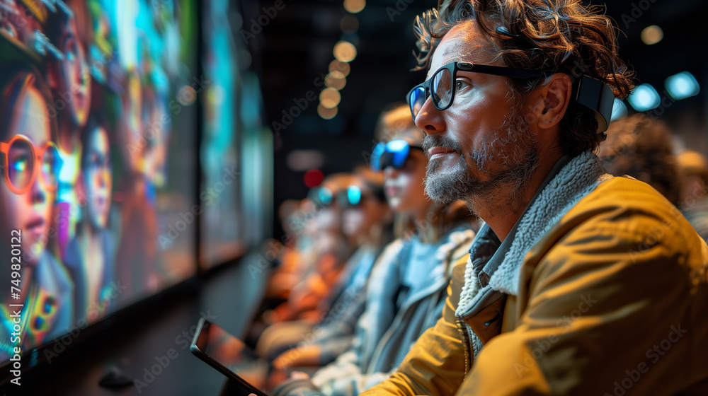 A teacher and students interact with 3D models using augmented reality glasses in a modern, technology driven classroom environment.