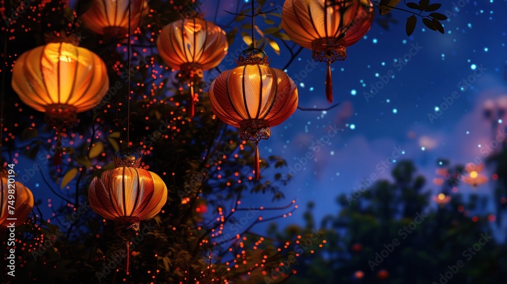Traditional Asian lanterns illuminate evening scene with festive ambiance. Cultural celebration and decoration with copy space for Lunar New Year greetings.