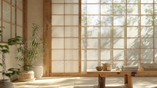 Tranquil traditional Japanese interior design with tatami mats and shoji screen doors. Natural sunlight casting soft shadows  promoting Zen and minimalism.