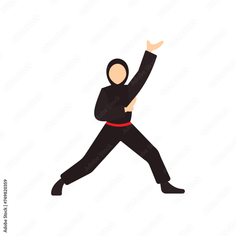 Fototapeta premium Faceless Hijab Woman doing Silat vector illustration on white background. A female martial arts athlete.