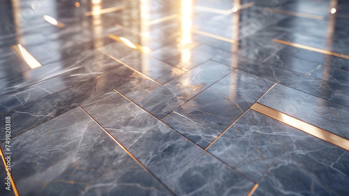 A UHD capture of a minimalist floor design featuring sleek marble tiles arranged in a herringbone pattern, accented with brass inlays for a touch of luxury and sophistication. photo