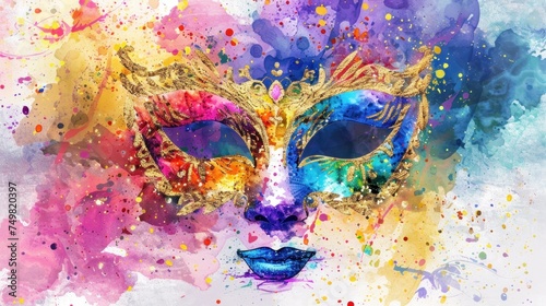 Colorful Venetian carnival mask with abstract watercolor splashes and vibrant hues. Traditional festive wear for masquerade parties. Artistic expression and cultural celebration.
