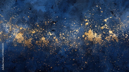 Abstract textured backdrop with gold splatters on blue surface, representing luxury and elegant design elements for creative backgrounds. Visual arts and textures.