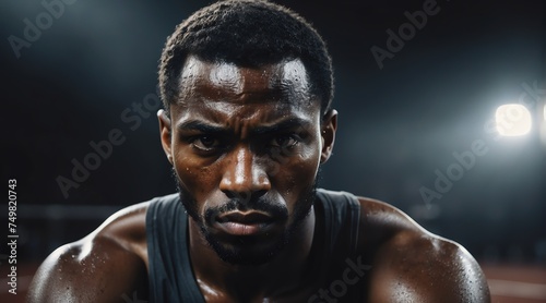 Portrait of a serious sweaty fearless athlete black african man looking at the camera from Generative AI