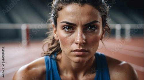 Portrait of a serious sweaty fearless athlete italian woman looking at the camera from Generative AI