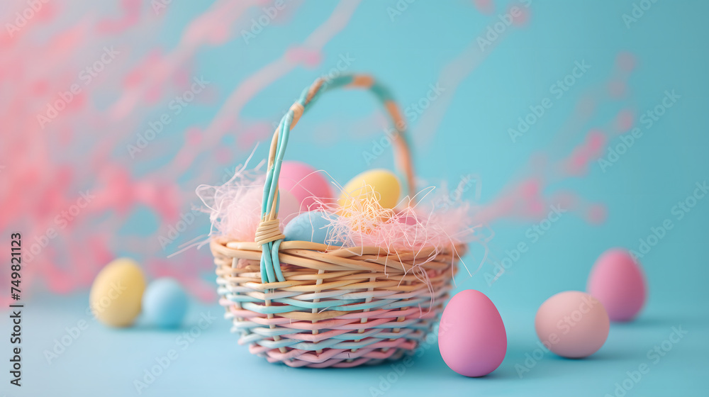 A pastel basket is full of colorful pastel Easter eggs on a pink and blue blurred background with blank space for text. Realistic style.