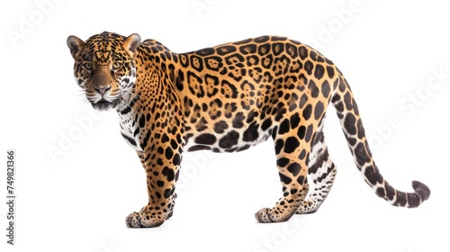 Adult jaguar standing isolated on white background, displaying its spots and majestic stance. Wildlife conservation and biodiversity.
