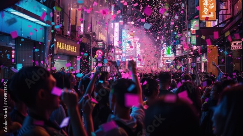 Vibrant street celebration with crowds of people under neon lights and confetti in city nightlife scene. Urban festival and public event.