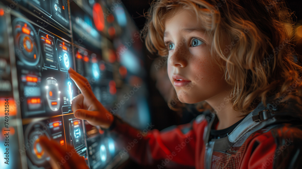 A student interact with 3D models using augmented reality glasses in a modern, technology driven classroom environment. A student interact with 3D models using augmented reality glasses in a modern, technology driven classroom environment.