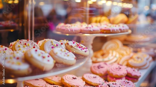 Assorted freshly baked donuts with colorful icing displayed in bakery window, tempting passersby with sweet treats. Culinary artistry and indulgence.