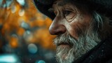 Elderly man with thoughtful expression wearing hat and warm clothing during cold autumn day. Portraiture and emotive expression.