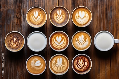 Top view  Multiple cups of coffee Coffee cups with latte art on wooden table  Coffee cups with latte art on wooden table  top view  Ai generated